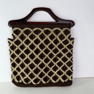 Vintage 70s Wool Handbag Brown Cream Diamond Pattern Tortoiseshell Handle Bag